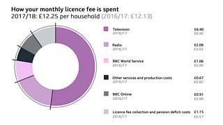 Graph to show how the monthly licence fee is spent in 2017/18. The monthly licence fee is £12.25 per household. Of this the following sums were spent: £6.40 on television, £2.06 on radio, £1.06 on BBC World Service, £0.67 on other services and production costs, £0.91 on BBC online and £1.15 on licence fee collection and pension deficit costs
