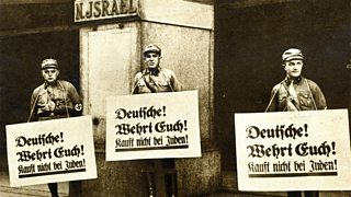 Boycott outside Jewish store with placards saying “Germans defend yourselves! Don't buy from Jews”.