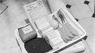 A tray of food rations allowed in Britain during World War Two