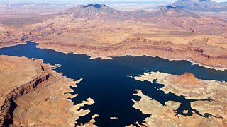 An aerial view of Lake Powell in the middle of the desert