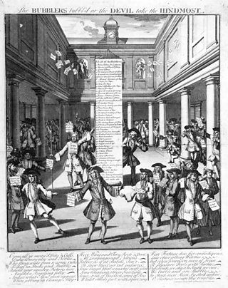 An engraving satirising the inside of the British stock exchange, showing rich upper class men dancing