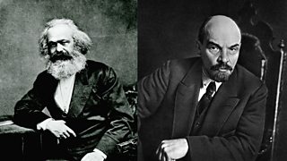 Two portrait photos, one of Karl Marx and the other Vladimir Lenin