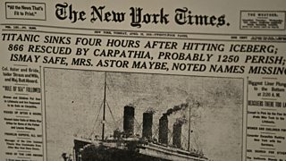 The front page of the New York Times announcing the sinking of the Titanic.