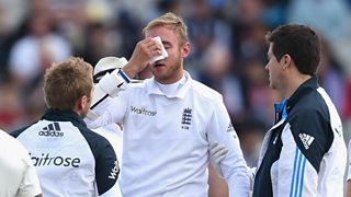England batsman Stuart Broad receives treatment after being hit by a cricket ball and sustaining an injury to his nose