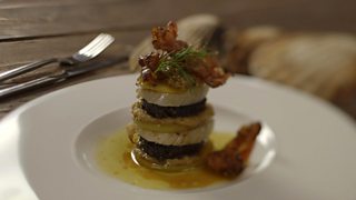 Pan-fried black pudding with scallops and ginger purée recipe - BBC Food