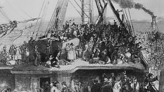 Illustration depicting Irish emmigrants sailing to the US during the Great Famine (aka the Irish potato Famine), 1850.