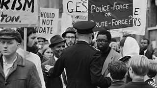 A photograph showing a protest against colour discrimination in the police force in Islington, London, UK, 21st October 1967.
