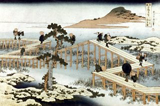 Old View of the Eight-part Bridge at Yatsuhashi in Mikawa Province, Katsushika Hokusai, c1834, woodblock print