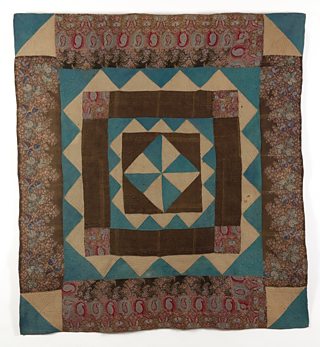 Welsh pin wheel frame quilt, 1880-89, Wool and cotton