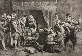 Illustration of Guy Fawkes on his knees, with his arms tied being interrogated by a group of men.