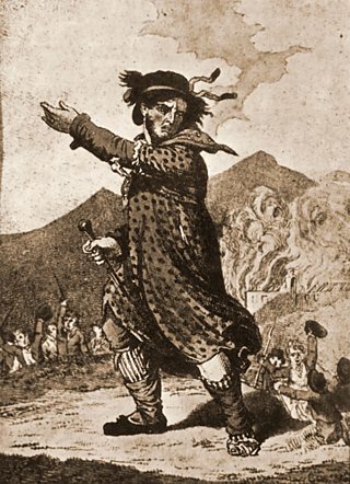 Ned Ludd striking a heroic pose. His followers can be seen cheering in the background in front of flames and smoke rising from a factory.