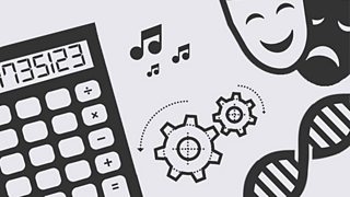A calculator, musical symbols, face masks, DNA stand and cogs.
