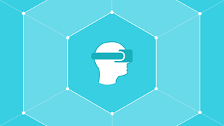 An illustrated man wearing a VR headset, surrounded by a 3d structure.