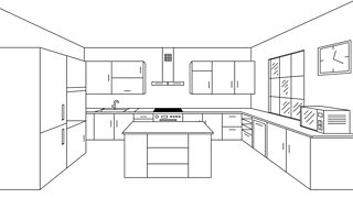 A single-point perspective 3D line drawing of a modern kitchen with an island.