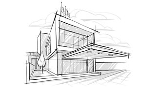 This sketched building design is an example of a three-point perspective diagram.