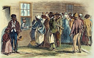 A coloured engraving showing the issuing of rations to the old and sick at the Freedmen's Bureau in Richmond, Virginia