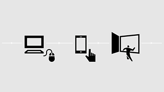 A computer with a mouse, moving to touchscreen phones, then on to spaces