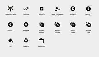 Graphic showing the contents of the symbols and currency icon set