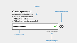 Example of a password creation input with instructions and toggle to hide or show password for sighted users