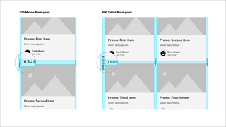 Graphic showing 320px and 600px breakpoints utilising different spacing units.