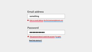 a mockup of email address and password fields with wrong information typed in.