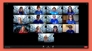 A video call showing the working group dressed up as cabin crew