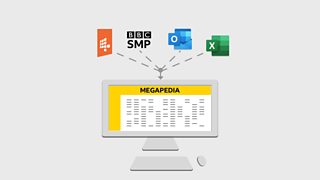 A desktop keyboard and mouse showing the Megapedia excel document with logos showing the software it includes to date