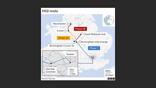 Map showing route of HS2 rail line