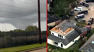 Splitscreen. Left, the tornado as filmed from afar. Right, aerial of houses destroyed. Roofs have been ripped off.