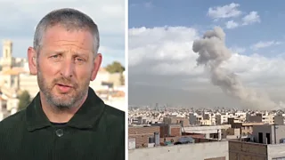 A split screen image. On the left, Jon Donnison, on the right, Tehran's skyline with smoke rising into the air