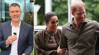Split screen showing journalist Simon Atkinson on the right and Meghan and Harry smiling on the left