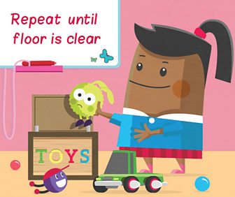 An illustration of a girl putting toys in a toy box.