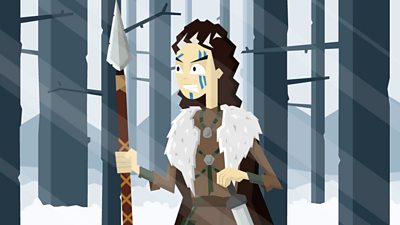 A fearsome female Pictish warrior stands in the winter woods carrying her spear and sword