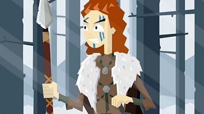 A pictish warrior standing holding a spear.