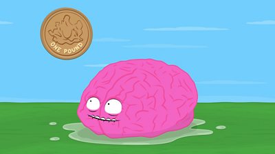 Brain looking up at a pound coin
