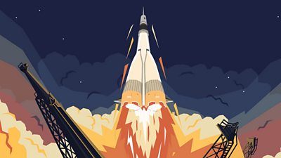 A rocket launching into the sky.