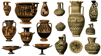 A selection of Ancient Greek pottery, decorated with different carvings and images.