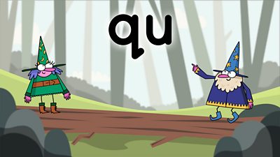 Two wizards on a colourful background looking at the letters qu