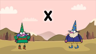 Two wizards on a colourful background looking at the letter x