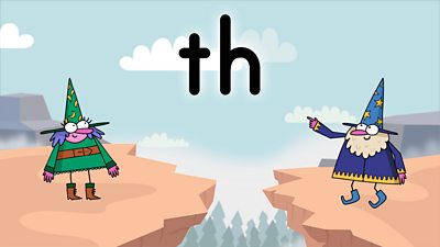 Two wizards on a colourful background looking at the letters th