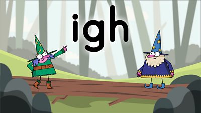 Two wizards on a colourful background looking at the letters igh