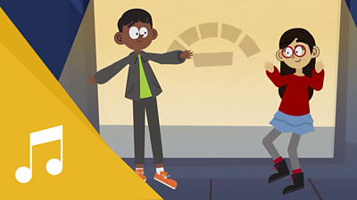 A boy and girl look to the camera against a backdrop of a Chinese city.