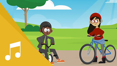 A boy on a tricycle and a girl on a larger bicycle.