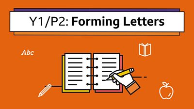 An icon of a hand writing in a book with the headline: Y1/P2 Forming Letters