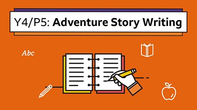An icon of a hand writing in a notebook under the headline: Y4/P5 Adventure Story Writing
