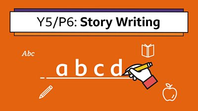An icon of a hand writing letters under the headline: Y5/P6 Story Writing