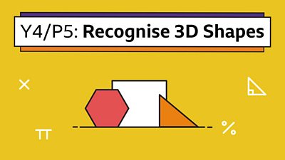 A hexagon, square and triangle on yellow with the title: Y4/P5 Recognise 3D Shapes