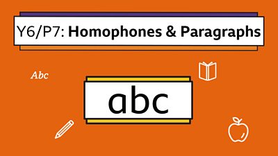 A box icon displaying the letters a-b-c, with the title: Y6/P7 Homophones and Paragraphs