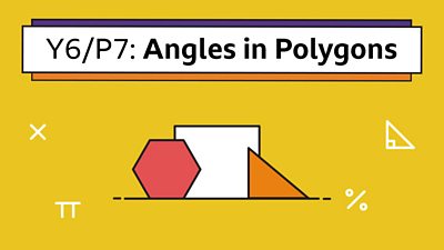 A hexagon, square and triangle on yellow with the title: Y6/P7 Angles in Polygons