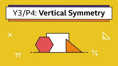 A hexagon, square and triangle on yellow with the title: Y3/P4 Vertical Symmetry
